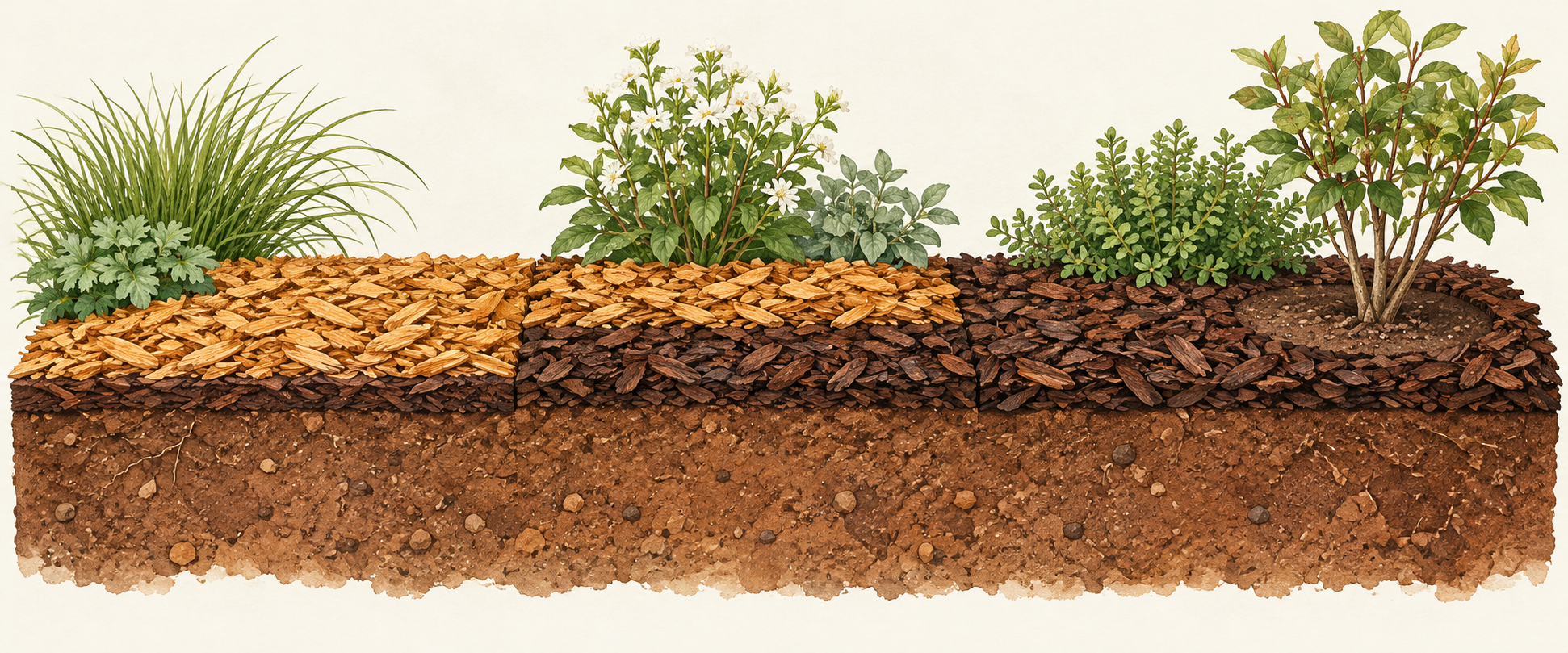 Garden-bed cutaway showing a thicker light mulch top-up over a thin dark remaining layer, a smaller top-up over a deeper layer, and a shrub with bare soil around its stems.